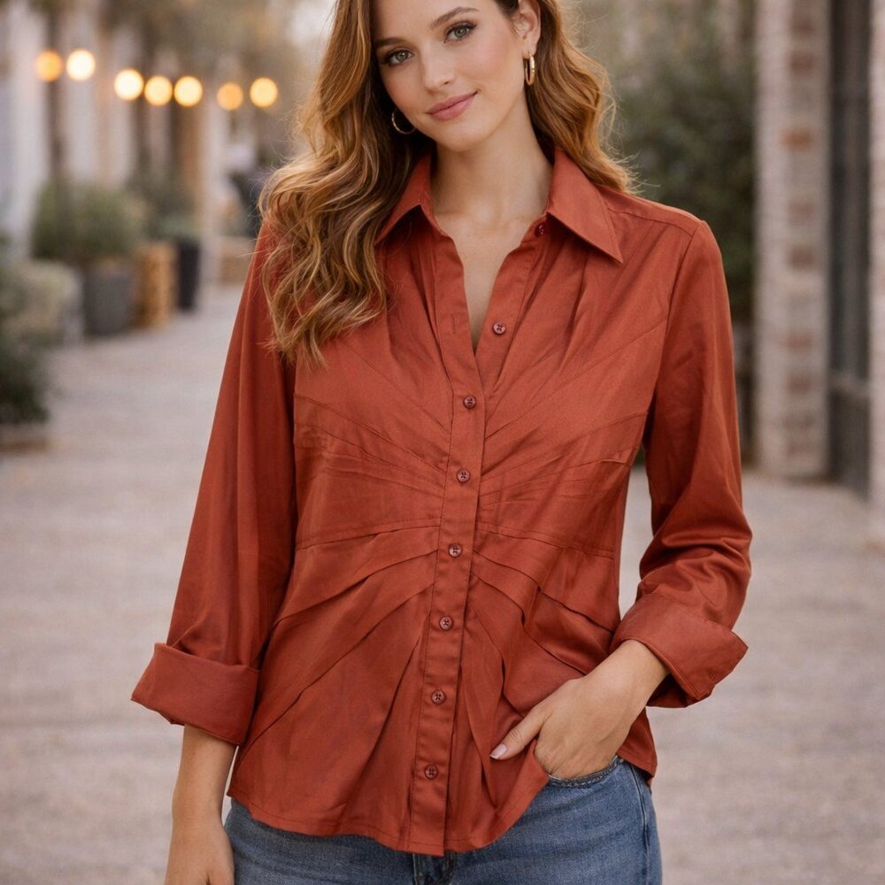 Finley Copper Shimmer Plaid Blouse Ruched 3/4 Sleeve Chic Womens L